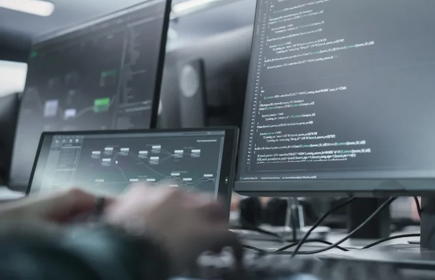 Développeurs de logiciels codant à des bureaux avec plusieurs moniteurs affichant du code et des tableaux de bord.