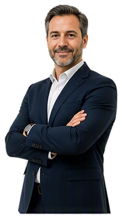 A self-assured middle-aged man in a navy suit and white shirt, arms crossed, smiling (professional portrait).