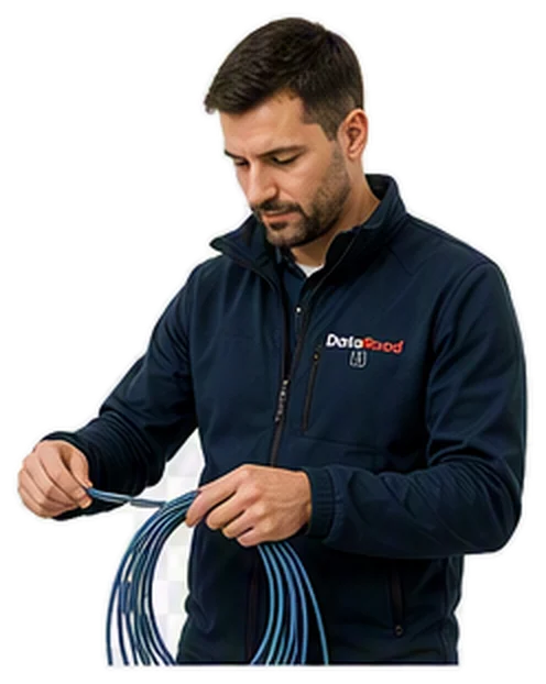 Un technicien vêtu d'une veste bleu marine en train d'enrouler des câbles réseau bleus